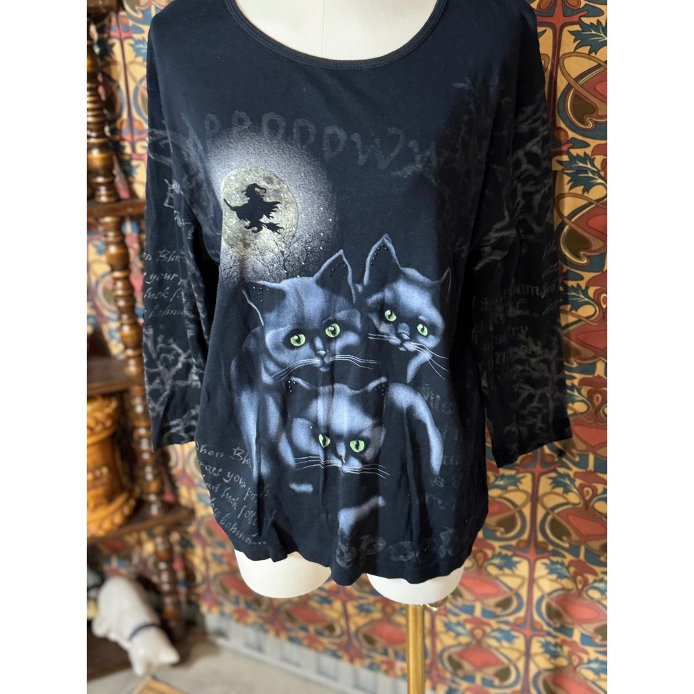 Studio Collection Black Cat Witch‎ Graphic Print Halloween Top XL